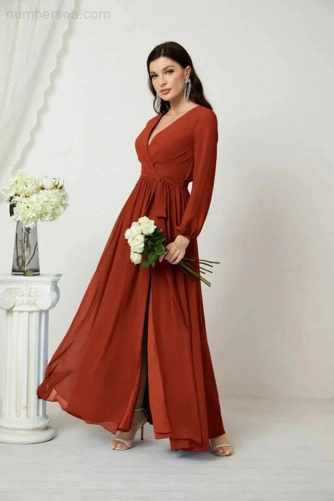 Sunnderly Evening Dresses Deep V-Neck Chiffon Bridesmaid Dresses Long Bishop Sleeve Side Split Formal Dress SY2806 - Image 76