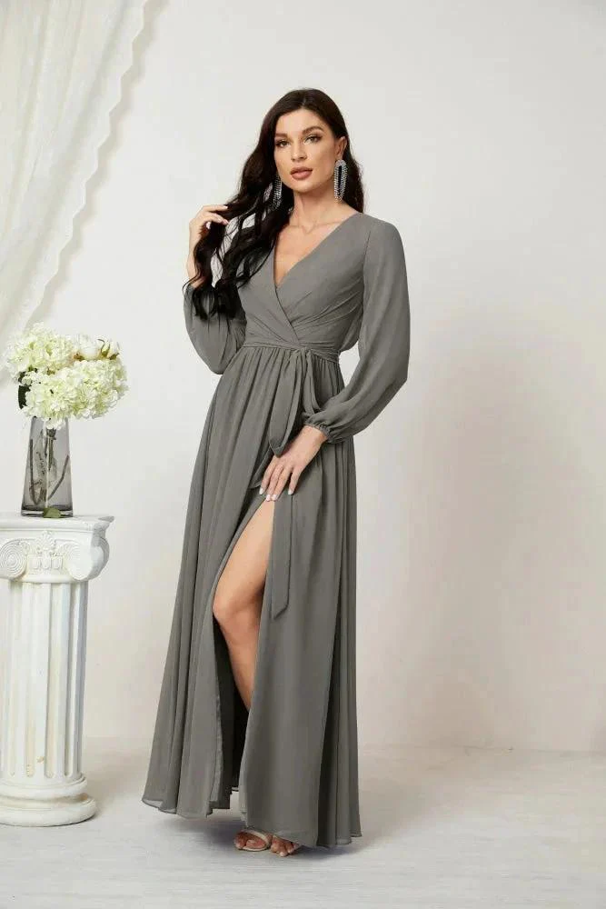 Sunnderly Evening Dresses Deep V-Neck Chiffon Bridesmaid Dresses Long Bishop Sleeve Side Split Formal Dress SY2806 - Image 77