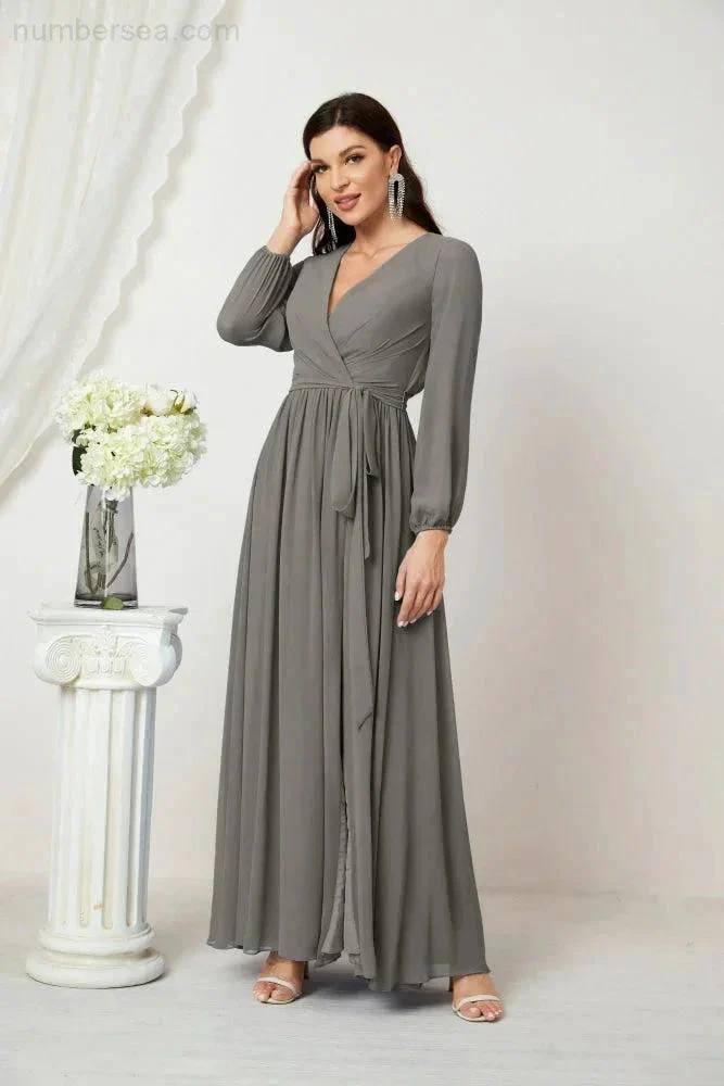 Sunnderly Evening Dresses Deep V-Neck Chiffon Bridesmaid Dresses Long Bishop Sleeve Side Split Formal Dress SY2806 - Image 79