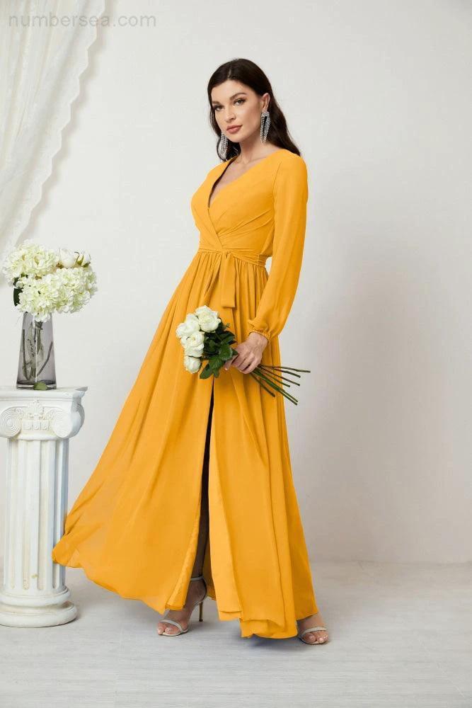 Sunnderly Evening Dresses Deep V-Neck Chiffon Bridesmaid Dresses Long Bishop Sleeve Side Split Formal Dress SY2806 - Image 8