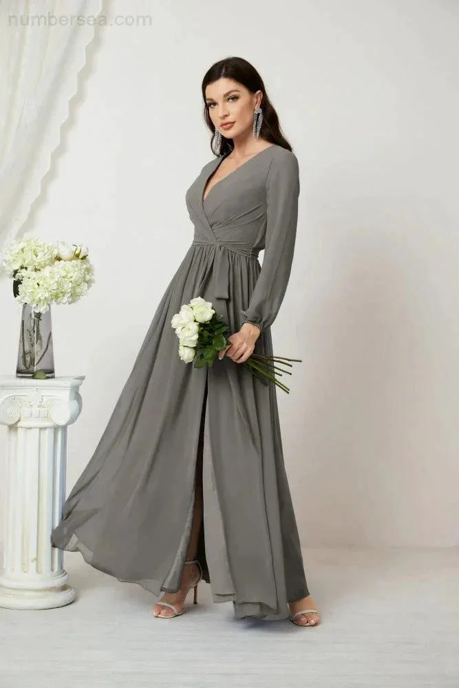 Sunnderly Evening Dresses Deep V-Neck Chiffon Bridesmaid Dresses Long Bishop Sleeve Side Split Formal Dress SY2806 - Image 80