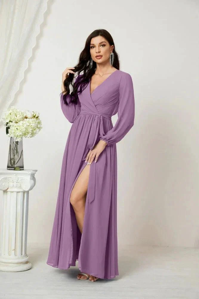 Sunnderly Evening Dresses Deep V-Neck Chiffon Bridesmaid Dresses Long Bishop Sleeve Side Split Formal Dress SY2806 - Image 81