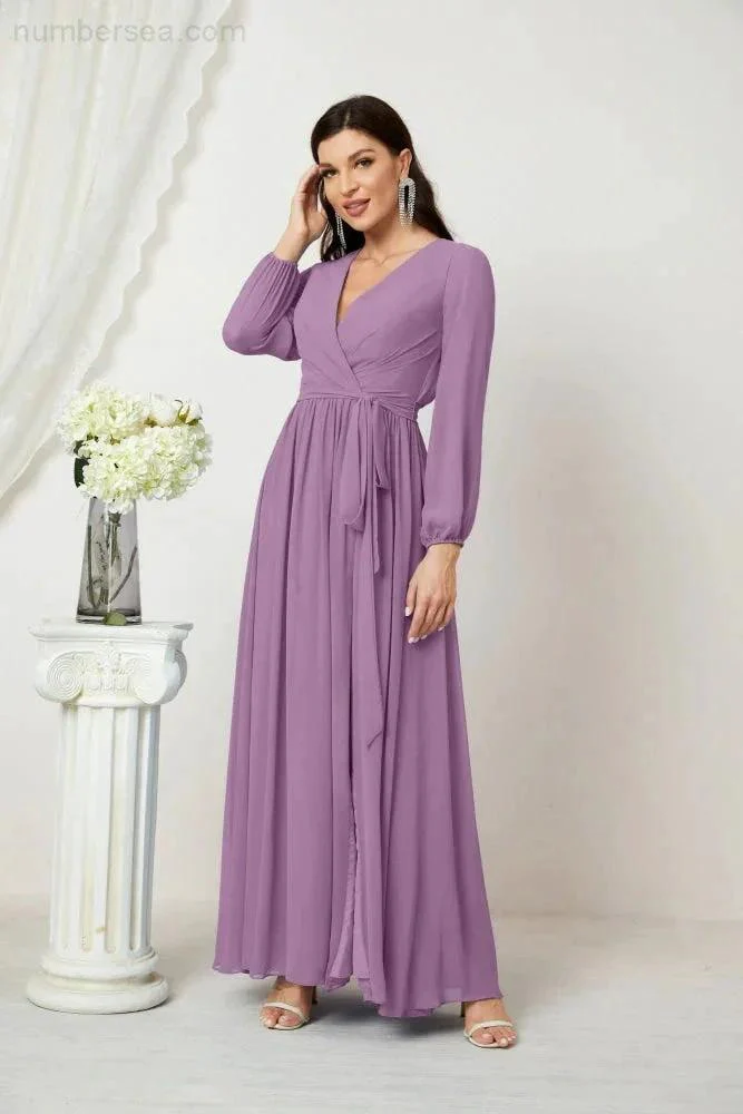 Sunnderly Evening Dresses Deep V-Neck Chiffon Bridesmaid Dresses Long Bishop Sleeve Side Split Formal Dress SY2806 - Image 83