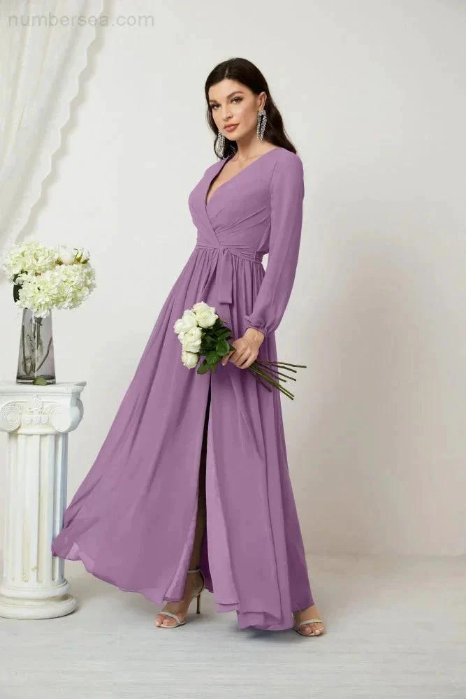 Sunnderly Evening Dresses Deep V-Neck Chiffon Bridesmaid Dresses Long Bishop Sleeve Side Split Formal Dress SY2806 - Image 84