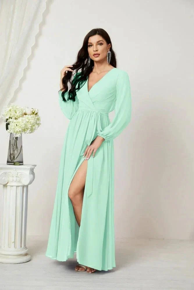 Sunnderly Evening Dresses Deep V-Neck Chiffon Bridesmaid Dresses Long Bishop Sleeve Side Split Formal Dress SY2806 - Image 85