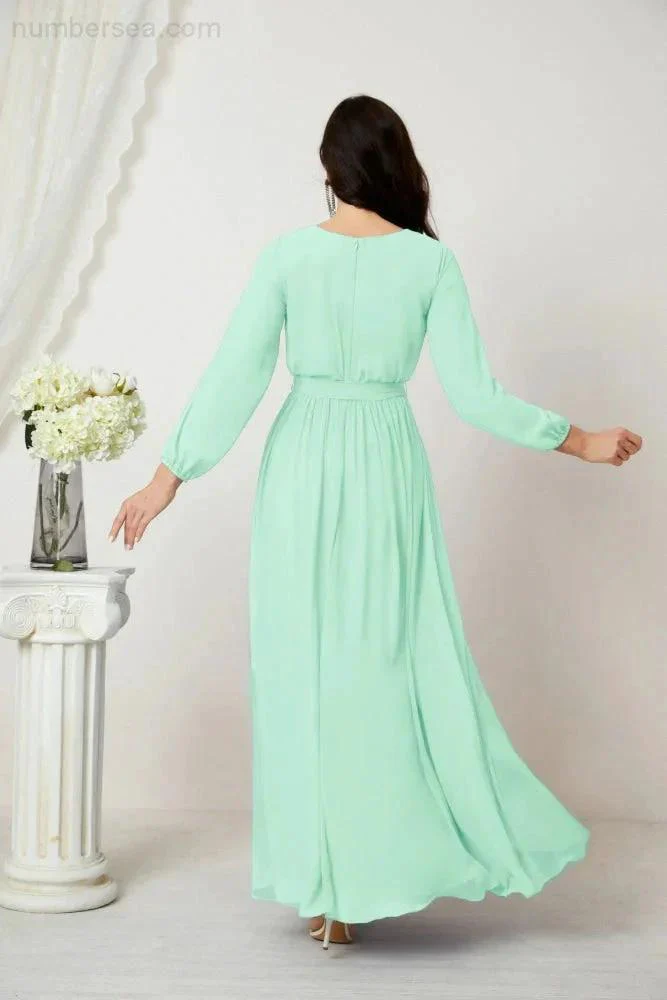 Sunnderly Evening Dresses Deep V-Neck Chiffon Bridesmaid Dresses Long Bishop Sleeve Side Split Formal Dress SY2806 - Image 86