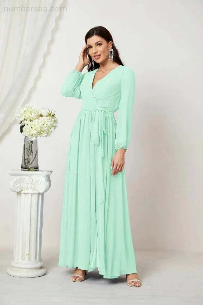 Sunnderly Evening Dresses Deep V-Neck Chiffon Bridesmaid Dresses Long Bishop Sleeve Side Split Formal Dress SY2806 - Image 87