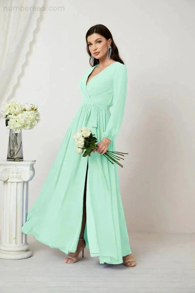 Sunnderly Evening Dresses Deep V-Neck Chiffon Bridesmaid Dresses Long Bishop Sleeve Side Split Formal Dress SY2806 - Image 88