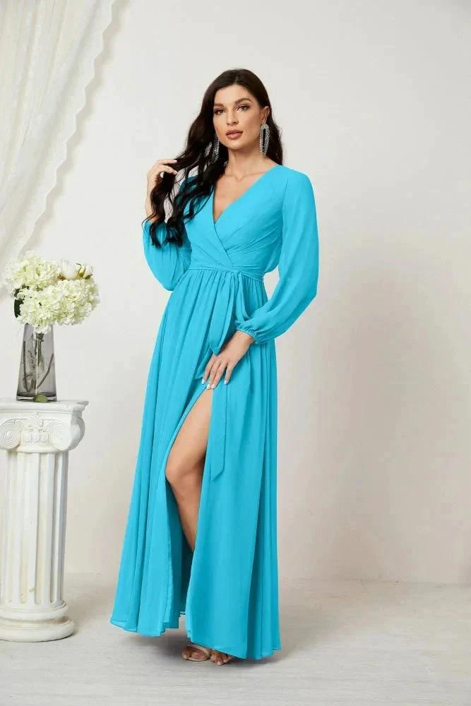 Sunnderly Evening Dresses Deep V-Neck Chiffon Bridesmaid Dresses Long Bishop Sleeve Side Split Formal Dress SY2806 - Image 89