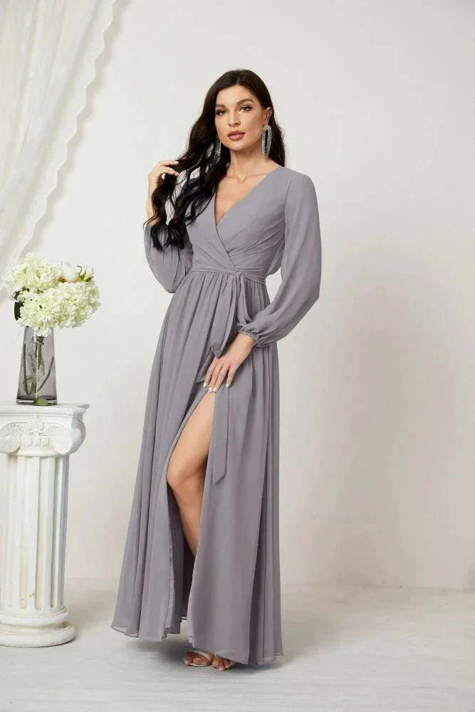 Sunnderly Evening Dresses Deep V-Neck Chiffon Bridesmaid Dresses Long Bishop Sleeve Side Split Formal Dress SY2806 - Image 9