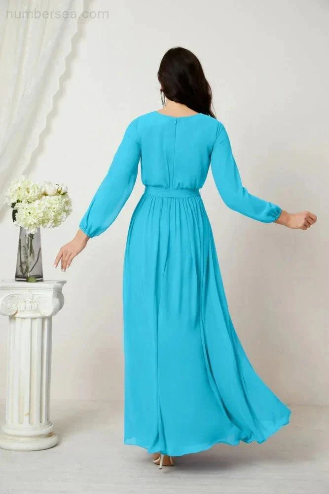 Sunnderly Evening Dresses Deep V-Neck Chiffon Bridesmaid Dresses Long Bishop Sleeve Side Split Formal Dress SY2806 - Image 90
