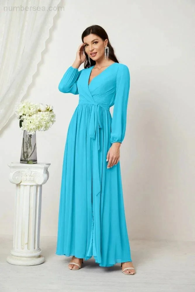 Sunnderly Evening Dresses Deep V-Neck Chiffon Bridesmaid Dresses Long Bishop Sleeve Side Split Formal Dress SY2806 - Image 91