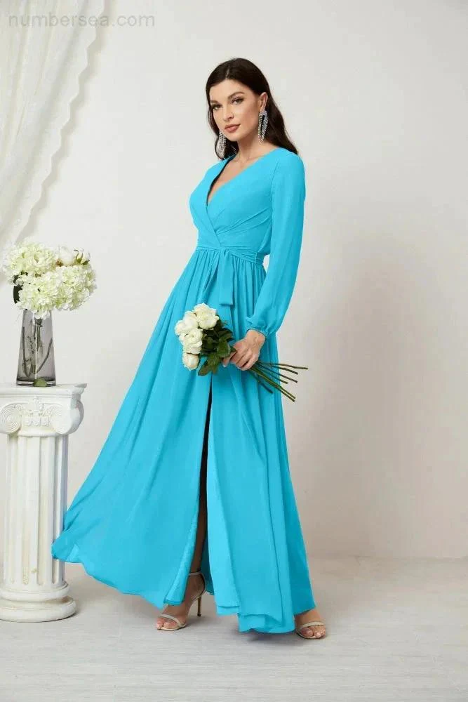 Sunnderly Evening Dresses Deep V-Neck Chiffon Bridesmaid Dresses Long Bishop Sleeve Side Split Formal Dress SY2806 - Image 92