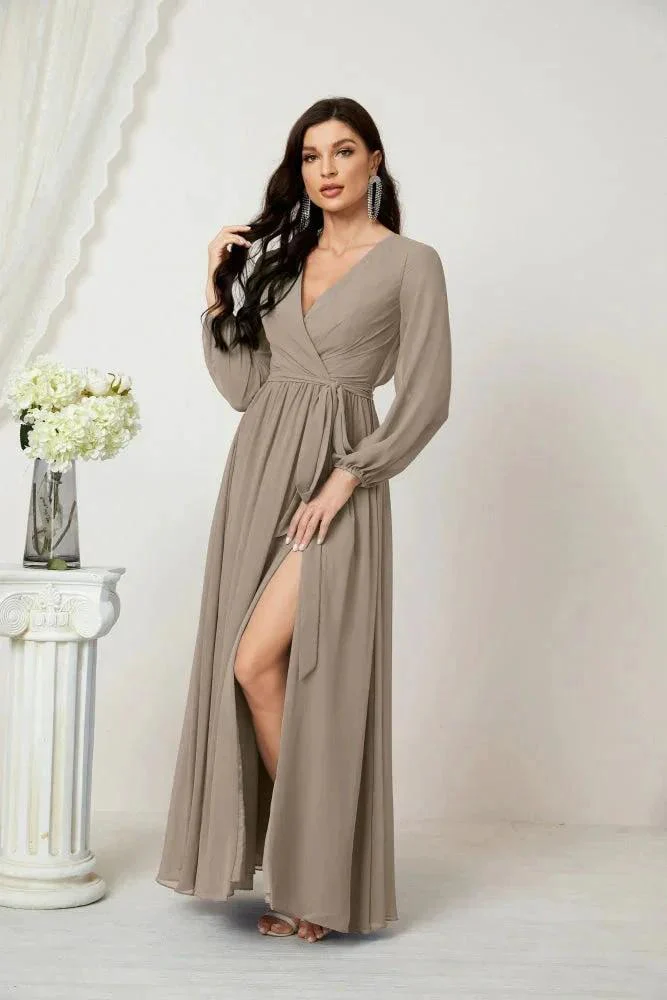Sunnderly Evening Dresses Deep V-Neck Chiffon Bridesmaid Dresses Long Bishop Sleeve Side Split Formal Dress SY2806 - Image 93