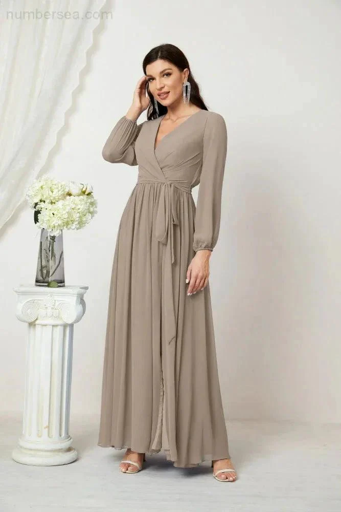 Sunnderly Evening Dresses Deep V-Neck Chiffon Bridesmaid Dresses Long Bishop Sleeve Side Split Formal Dress SY2806 - Image 95