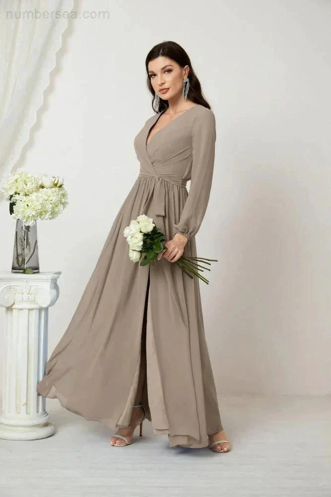 Sunnderly Evening Dresses Deep V-Neck Chiffon Bridesmaid Dresses Long Bishop Sleeve Side Split Formal Dress SY2806 - Image 96
