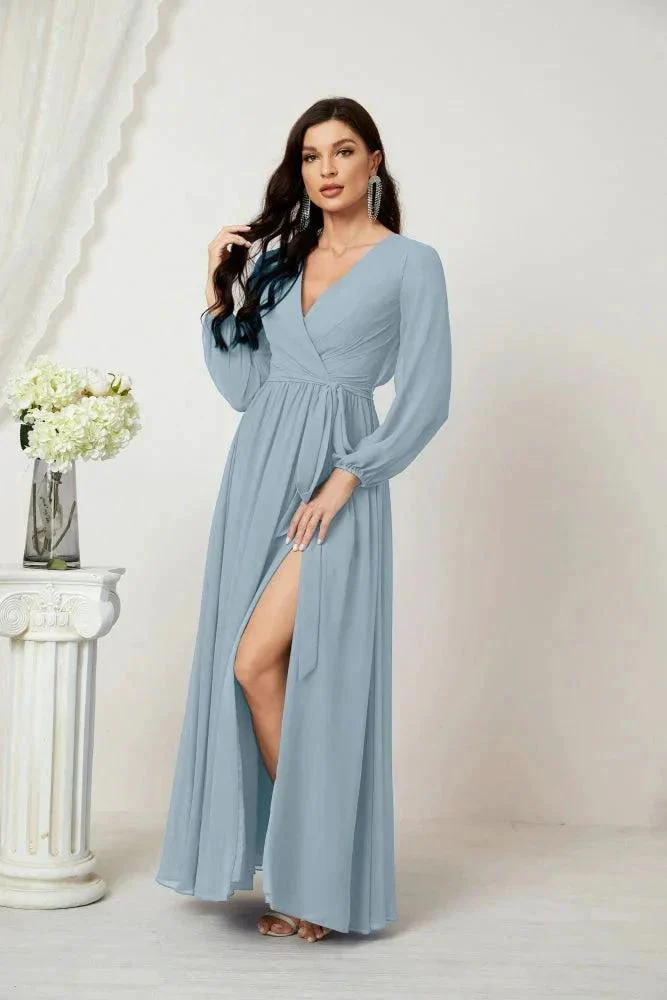 Sunnderly Evening Dresses Deep V-Neck Chiffon Bridesmaid Dresses Long Bishop Sleeve Side Split Formal Dress SY2806 - Image 97
