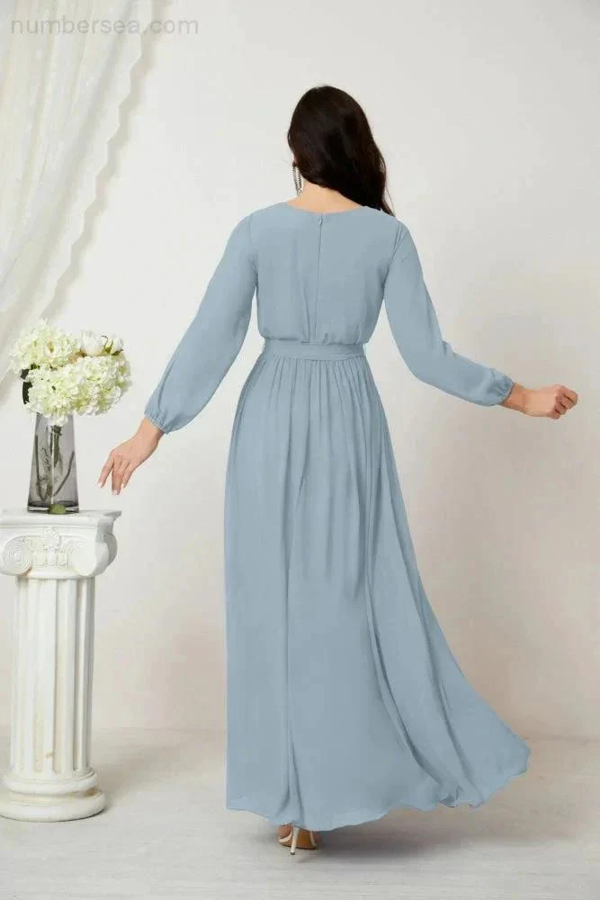 Sunnderly Evening Dresses Deep V-Neck Chiffon Bridesmaid Dresses Long Bishop Sleeve Side Split Formal Dress SY2806 - Image 98