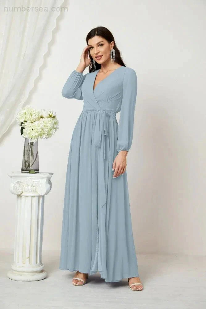 Sunnderly Evening Dresses Deep V-Neck Chiffon Bridesmaid Dresses Long Bishop Sleeve Side Split Formal Dress SY2806 - Image 99