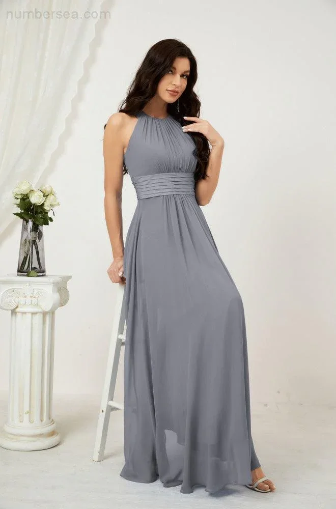 Numbersea Formal Party Gown Dress Chiffon Halter Long Sleeveless Bridesmaid Dresses 2802 - Image 11