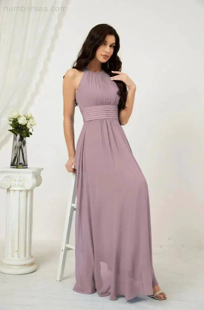 Numbersea Formal Party Gown Dress Chiffon Halter Long Sleeveless Bridesmaid Dresses 2802 - Image 3