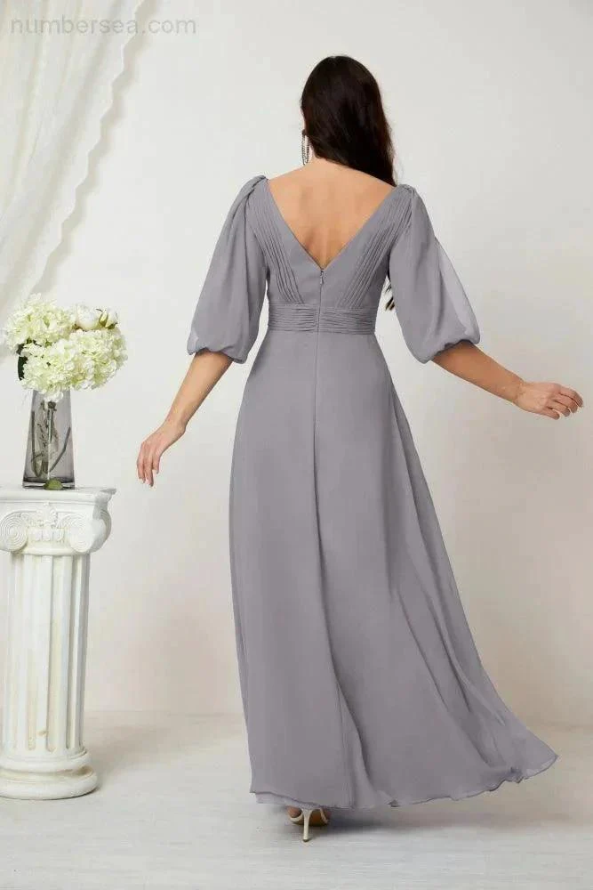 Numbersea  Formal Prom Gown Women V-Neck Chiffon Bridesmaid Dresses Long Bishop Sleeve Party Dress 2807 - Image 10