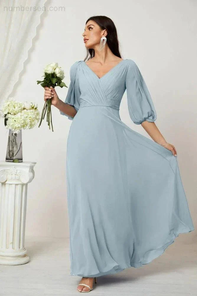 Numbersea  Formal Prom Gown Women V-Neck Chiffon Bridesmaid Dresses Long Bishop Sleeve Party Dress 2807 - Image 100