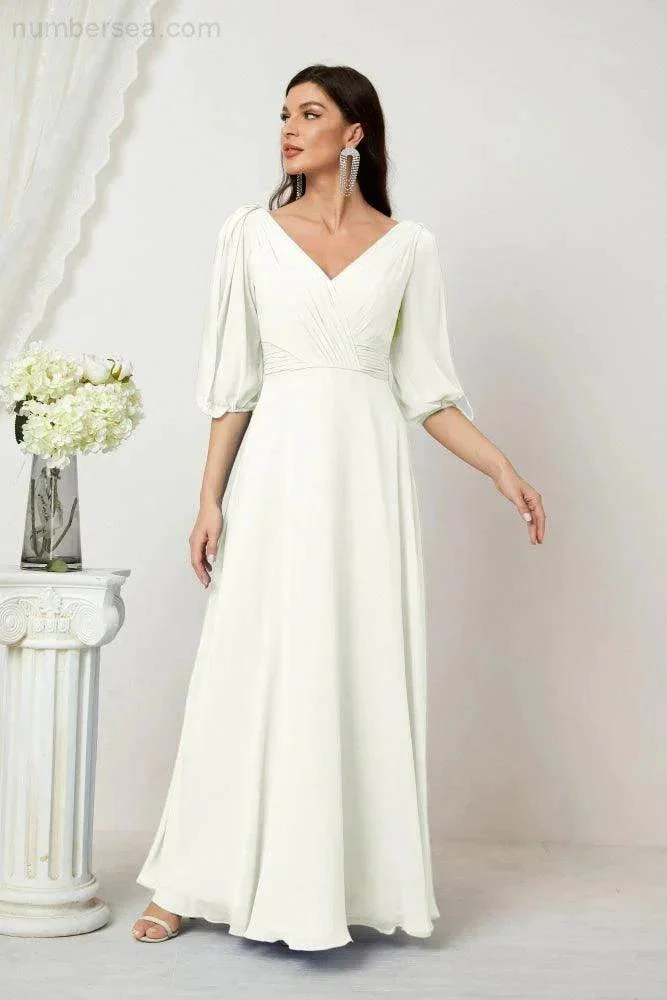 Numbersea  Formal Prom Gown Women V-Neck Chiffon Bridesmaid Dresses Long Bishop Sleeve Party Dress 2807 - Image 103