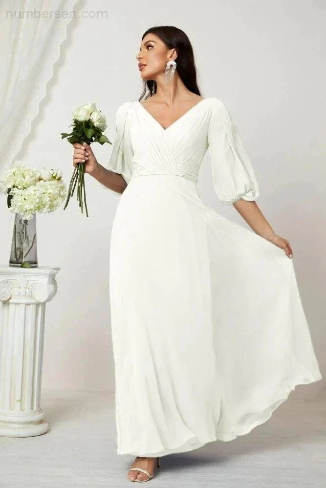 Numbersea  Formal Prom Gown Women V-Neck Chiffon Bridesmaid Dresses Long Bishop Sleeve Party Dress 2807 - Image 104