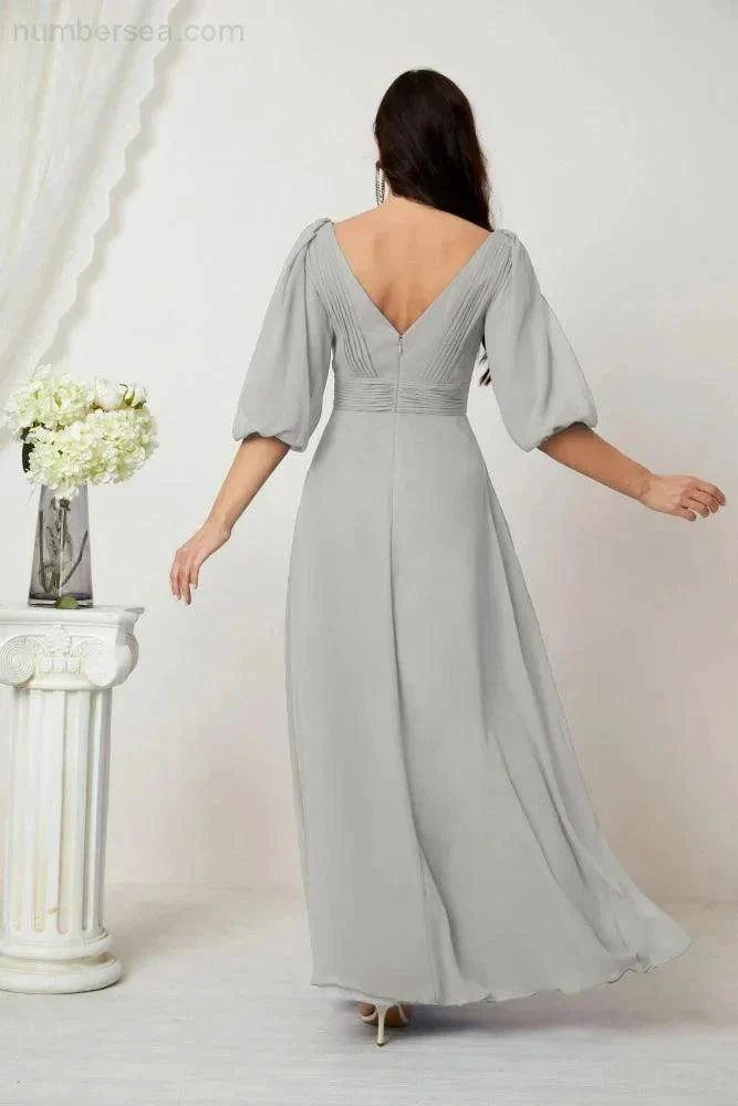 Numbersea  Formal Prom Gown Women V-Neck Chiffon Bridesmaid Dresses Long Bishop Sleeve Party Dress 2807 - Image 106