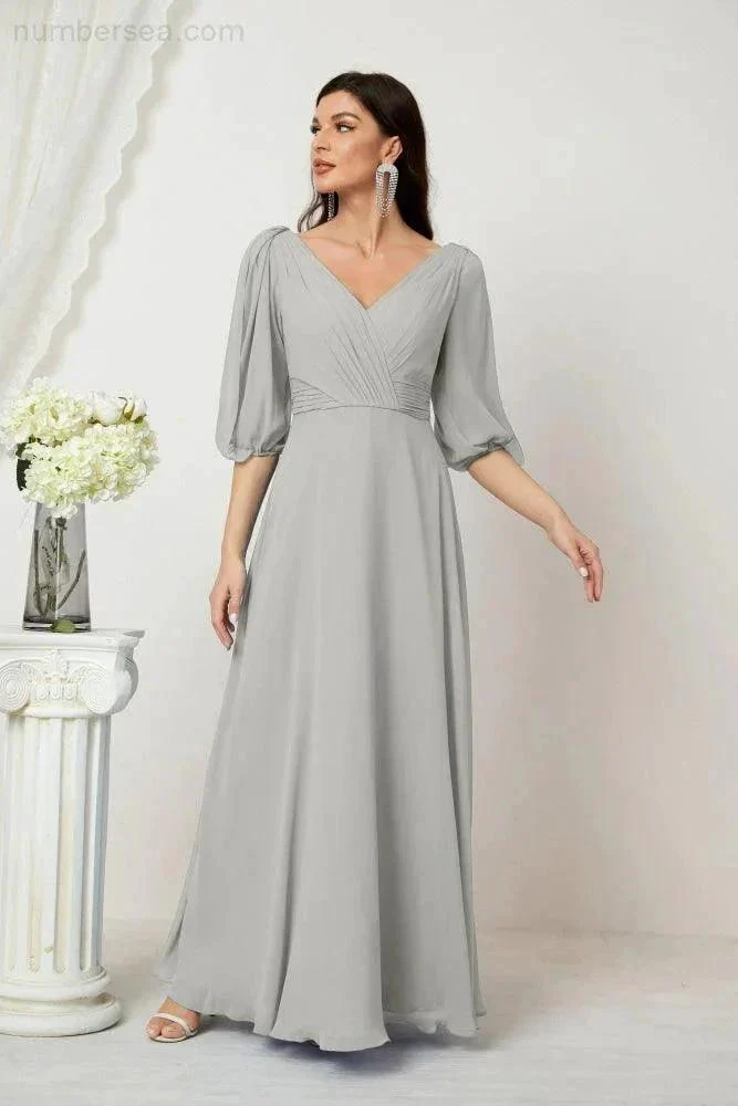 Numbersea  Formal Prom Gown Women V-Neck Chiffon Bridesmaid Dresses Long Bishop Sleeve Party Dress 2807 - Image 107