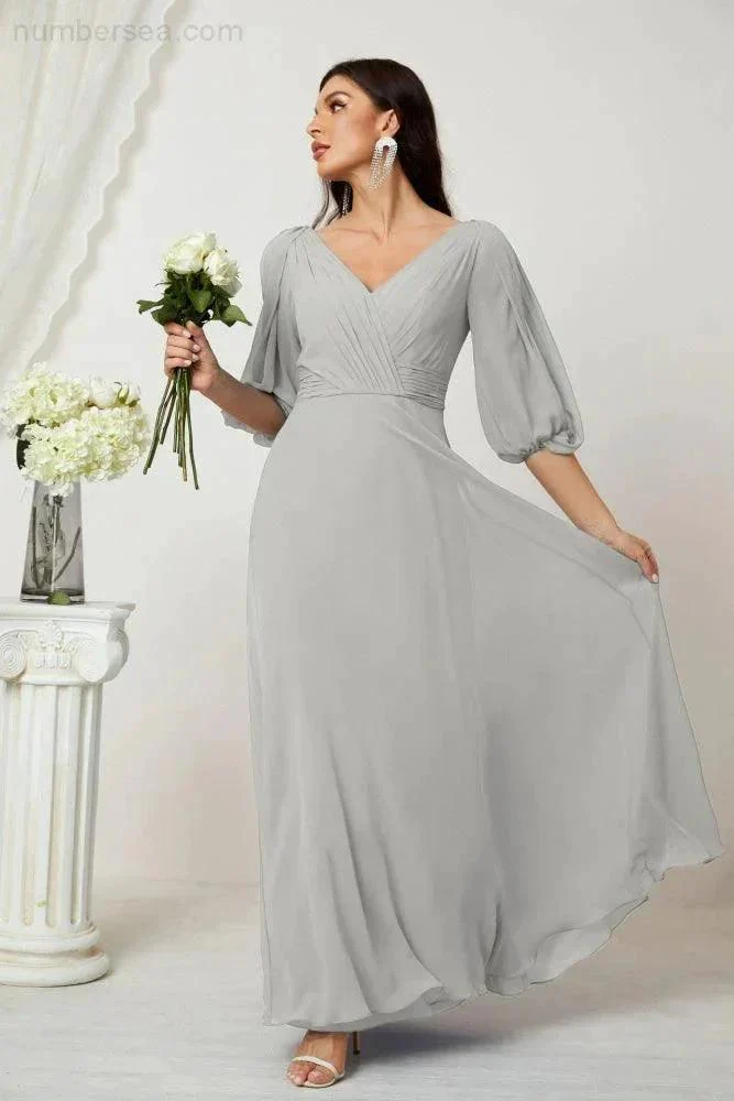Numbersea  Formal Prom Gown Women V-Neck Chiffon Bridesmaid Dresses Long Bishop Sleeve Party Dress 2807 - Image 108