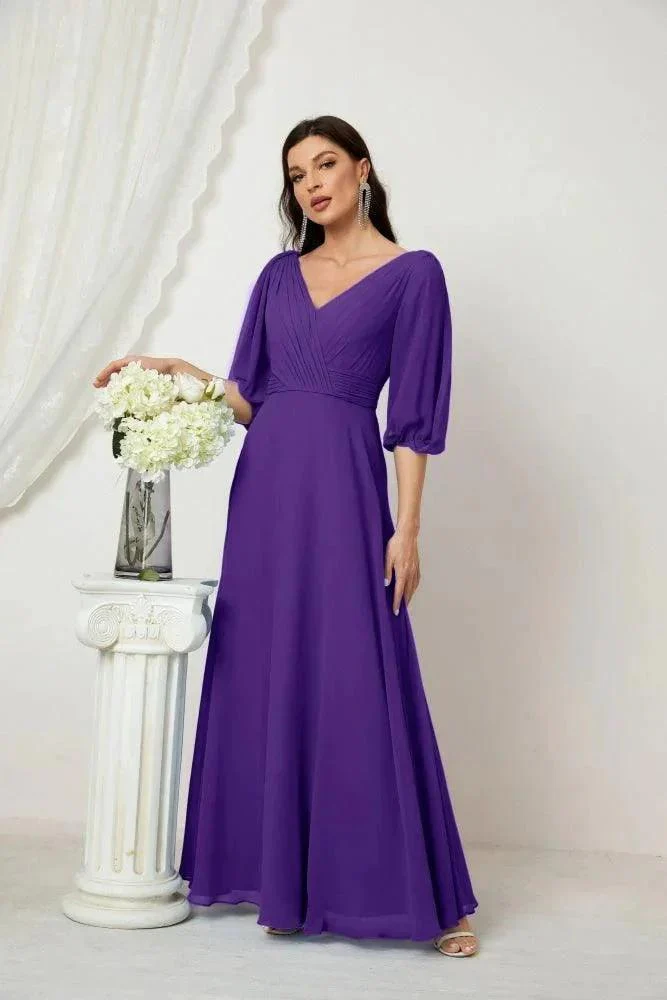 Numbersea  Formal Prom Gown Women V-Neck Chiffon Bridesmaid Dresses Long Bishop Sleeve Party Dress 2807 - Image 109