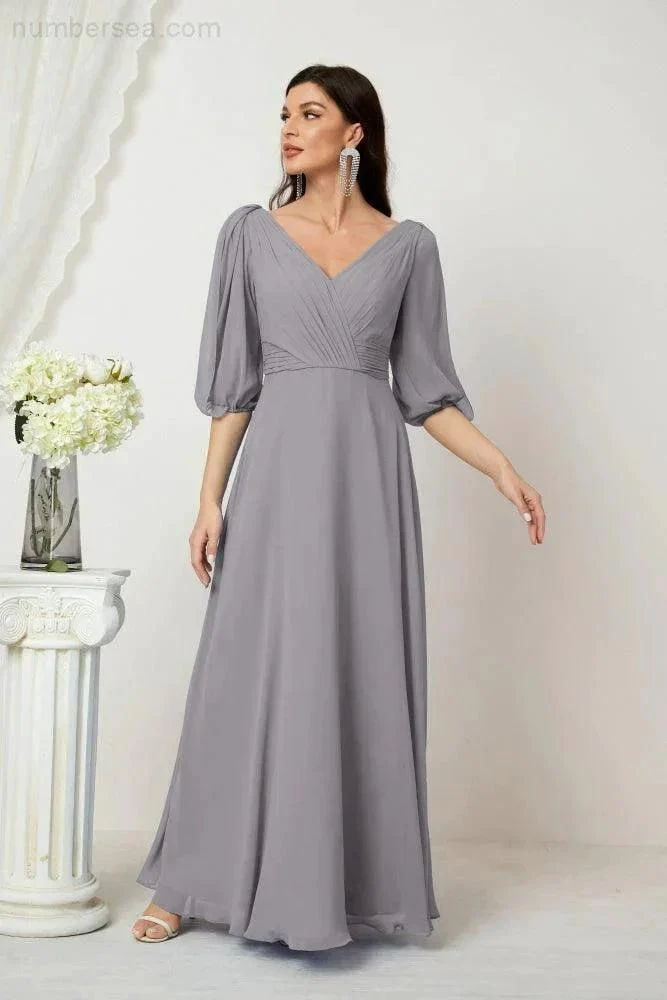 Numbersea  Formal Prom Gown Women V-Neck Chiffon Bridesmaid Dresses Long Bishop Sleeve Party Dress 2807 - Image 11