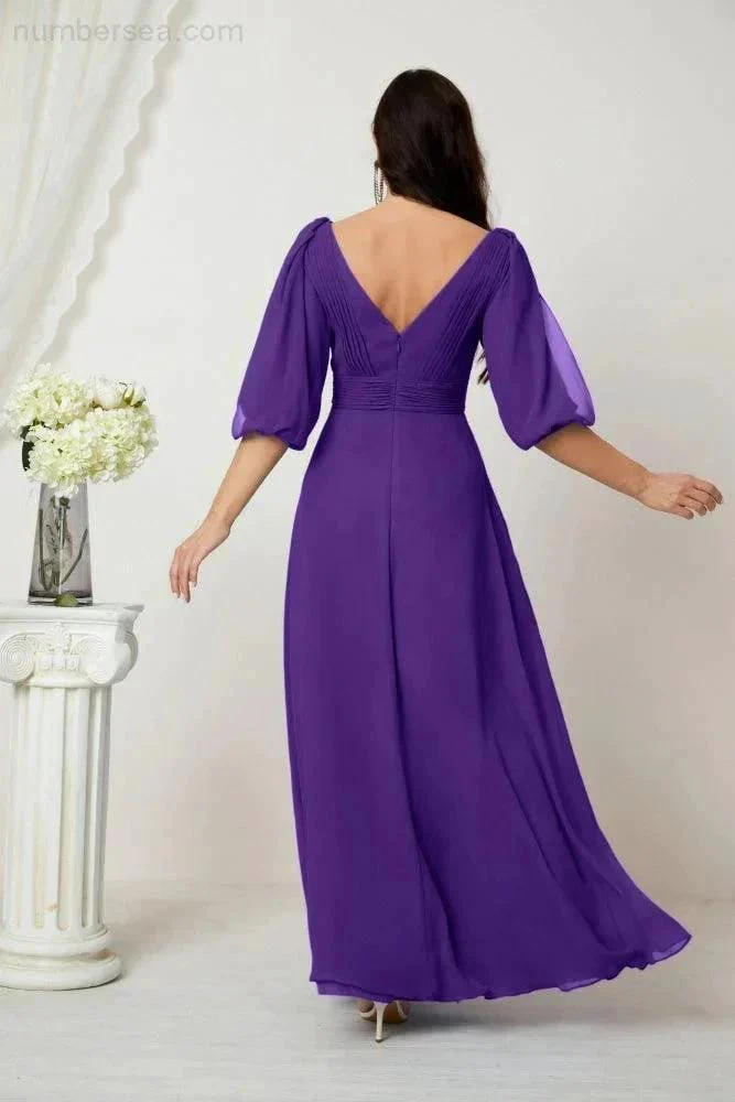 Numbersea  Formal Prom Gown Women V-Neck Chiffon Bridesmaid Dresses Long Bishop Sleeve Party Dress 2807 - Image 110