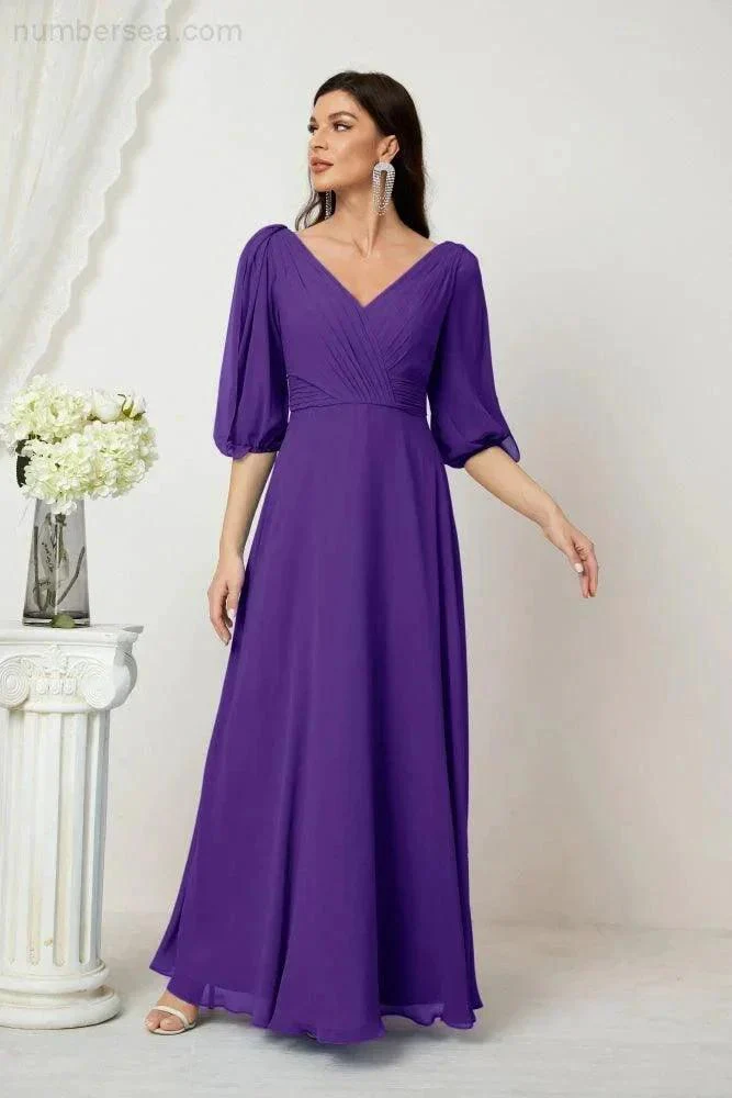 Numbersea  Formal Prom Gown Women V-Neck Chiffon Bridesmaid Dresses Long Bishop Sleeve Party Dress 2807 - Image 111