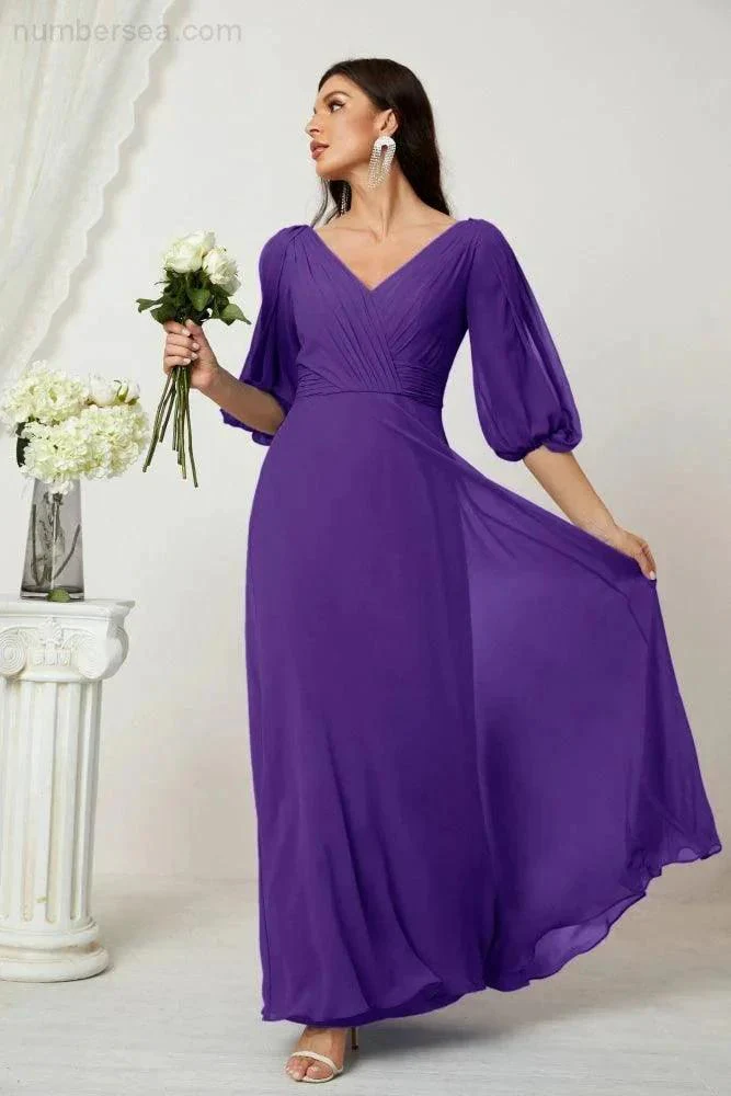 Numbersea  Formal Prom Gown Women V-Neck Chiffon Bridesmaid Dresses Long Bishop Sleeve Party Dress 2807 - Image 112