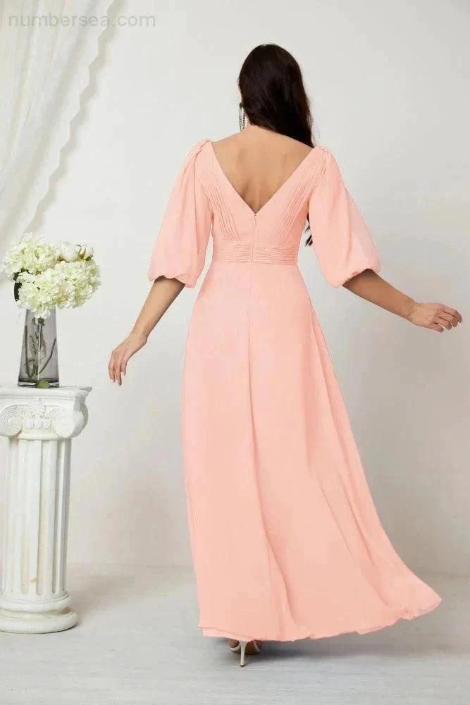 Numbersea  Formal Prom Gown Women V-Neck Chiffon Bridesmaid Dresses Long Bishop Sleeve Party Dress 2807 - Image 114