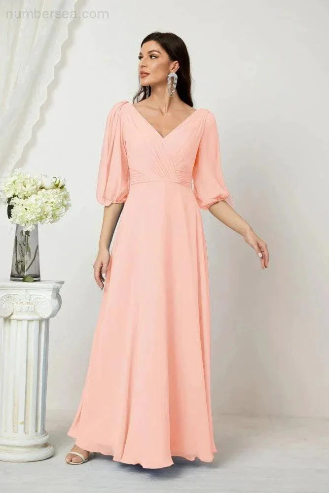 Numbersea  Formal Prom Gown Women V-Neck Chiffon Bridesmaid Dresses Long Bishop Sleeve Party Dress 2807 - Image 115