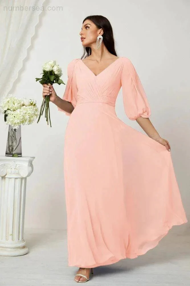 Numbersea  Formal Prom Gown Women V-Neck Chiffon Bridesmaid Dresses Long Bishop Sleeve Party Dress 2807 - Image 116