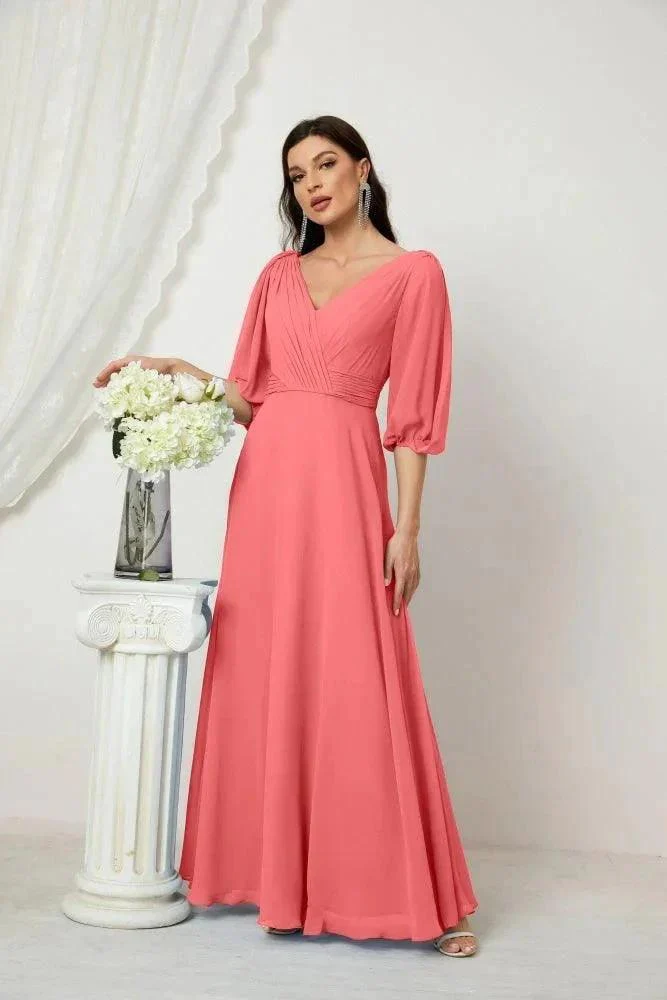 Numbersea  Formal Prom Gown Women V-Neck Chiffon Bridesmaid Dresses Long Bishop Sleeve Party Dress 2807 - Image 117