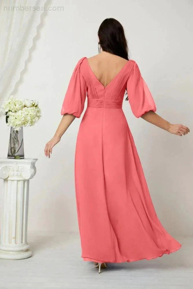 Numbersea  Formal Prom Gown Women V-Neck Chiffon Bridesmaid Dresses Long Bishop Sleeve Party Dress 2807 - Image 118