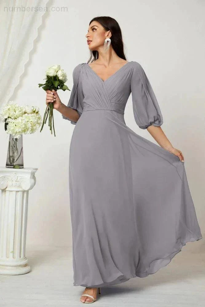 Numbersea  Formal Prom Gown Women V-Neck Chiffon Bridesmaid Dresses Long Bishop Sleeve Party Dress 2807 - Image 12