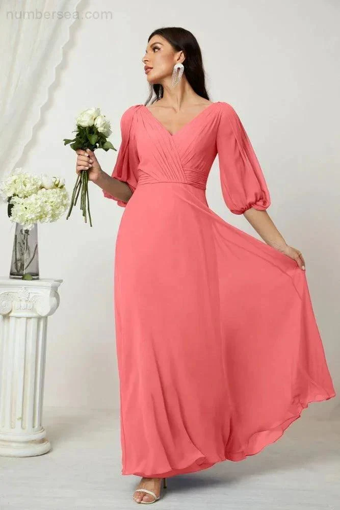 Numbersea  Formal Prom Gown Women V-Neck Chiffon Bridesmaid Dresses Long Bishop Sleeve Party Dress 2807 - Image 120