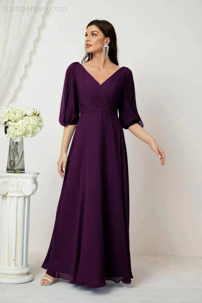 Numbersea  Formal Prom Gown Women V-Neck Chiffon Bridesmaid Dresses Long Bishop Sleeve Party Dress 2807 - Image 123