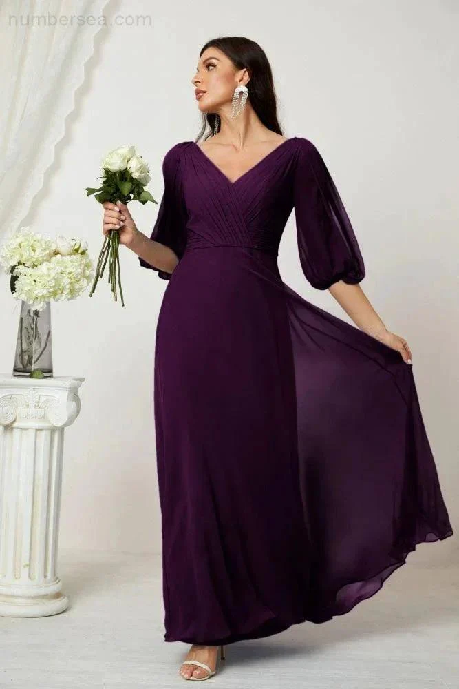 Numbersea  Formal Prom Gown Women V-Neck Chiffon Bridesmaid Dresses Long Bishop Sleeve Party Dress 2807 - Image 124