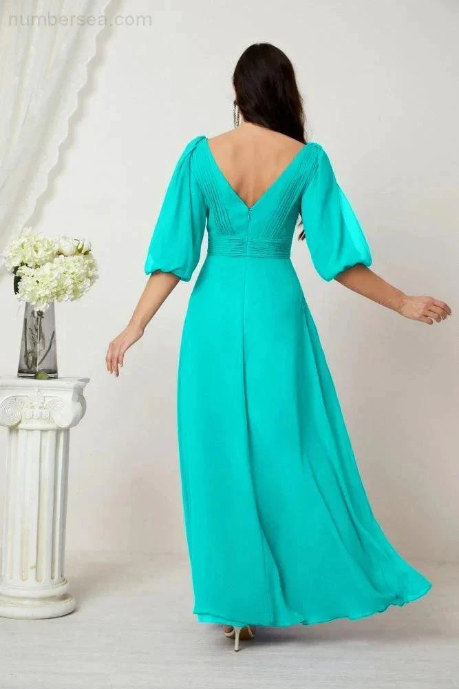Numbersea  Formal Prom Gown Women V-Neck Chiffon Bridesmaid Dresses Long Bishop Sleeve Party Dress 2807 - Image 126