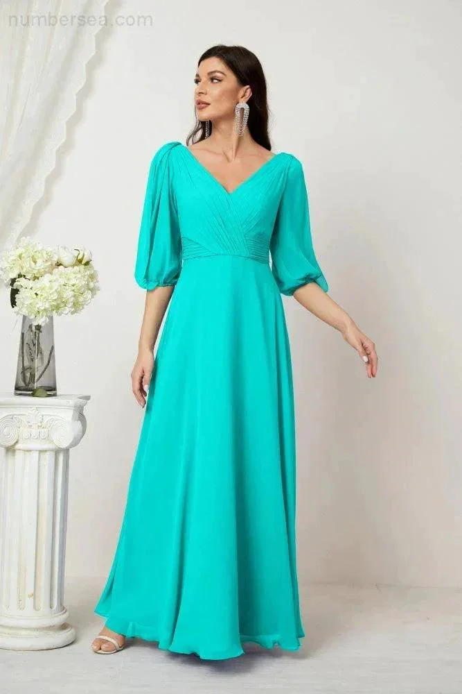 Numbersea  Formal Prom Gown Women V-Neck Chiffon Bridesmaid Dresses Long Bishop Sleeve Party Dress 2807 - Image 127