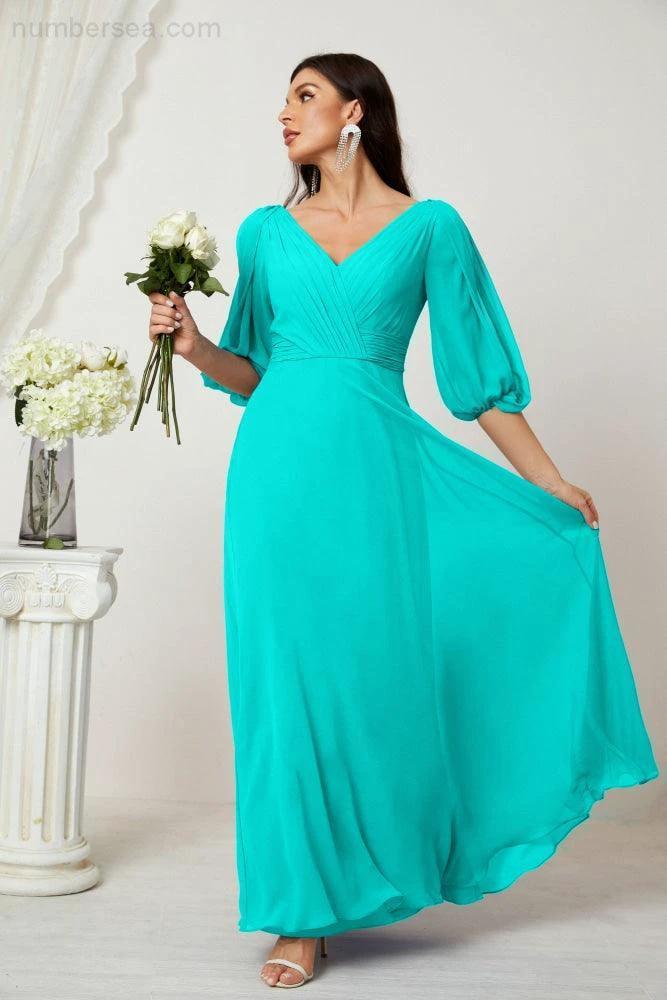 Numbersea  Formal Prom Gown Women V-Neck Chiffon Bridesmaid Dresses Long Bishop Sleeve Party Dress 2807 - Image 128