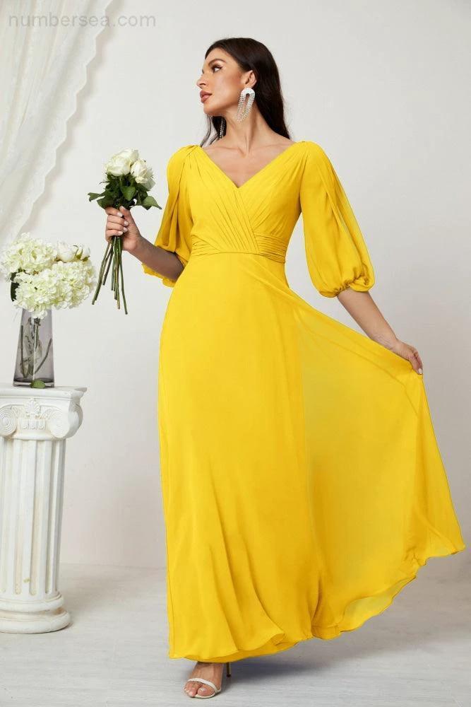 Numbersea  Formal Prom Gown Women V-Neck Chiffon Bridesmaid Dresses Long Bishop Sleeve Party Dress 2807 - Image 132
